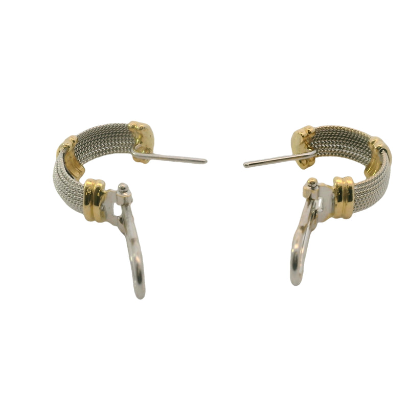 Italian 18kt Yellow and White Gold Twisted Rope Pierced Huggie Hoop Omega-Back Earrings