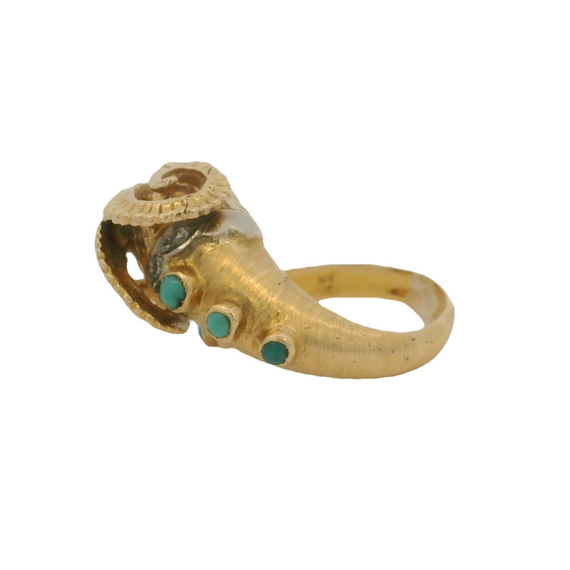 Vintage Solid 18kt Yellow Gold Ram's Head Ring with Turquoise, 3 Diamonds, and Ruby Eyes Size 8