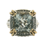 Solid 925 Sterling and 14kt Yellow Gold Prasiolite Diamond Cocktail Ring Size 7