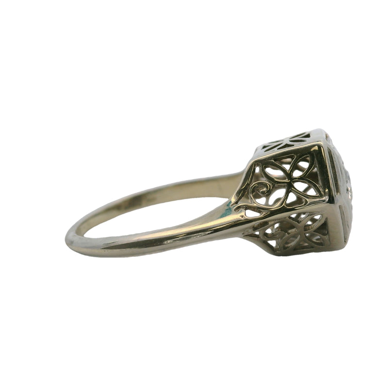 Vintage 1920-30s 14kt White Gold Filigree Hexagon Old European Cut Diamond Solitaire Ring Size 6.25