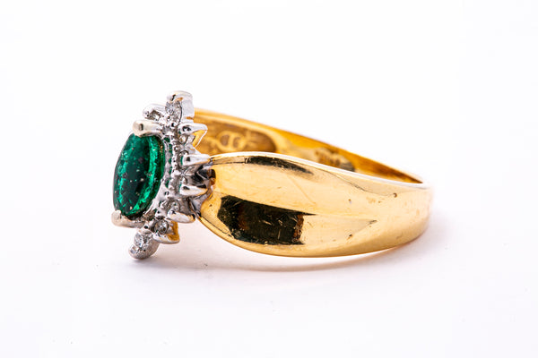 Anillo de oro amarillo y blanco 585 de 14 quilates con halo de diamantes y esmeralda talla marquesa, talla 7 1/2