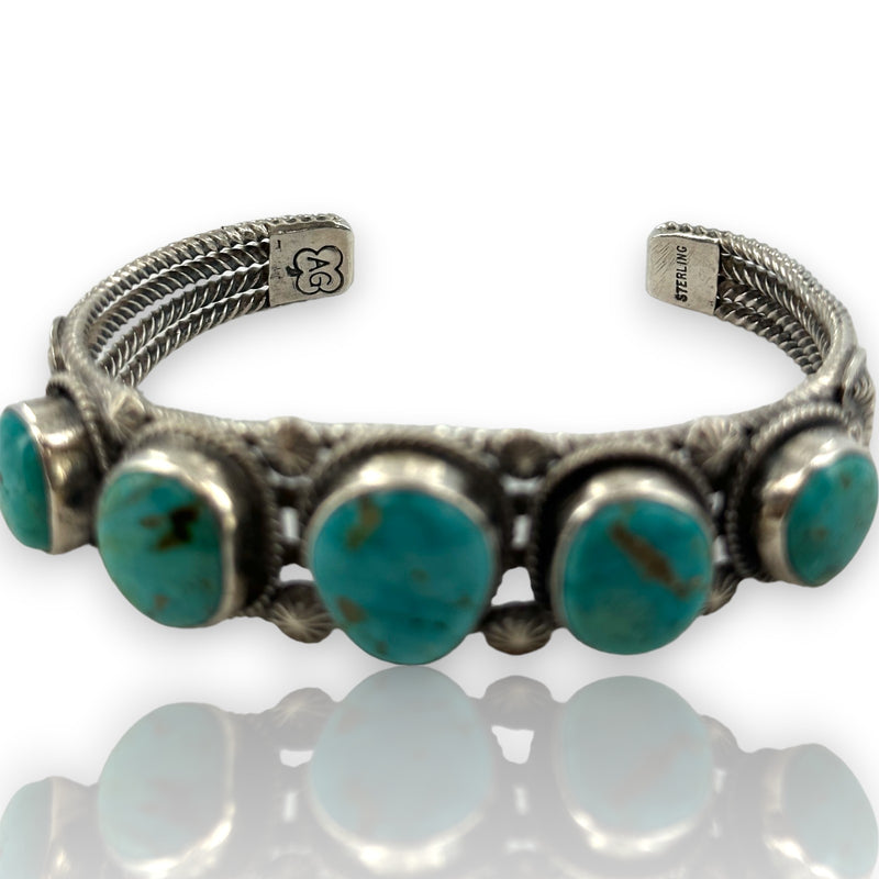 Arnold Goodluck Navajo Native American 925 Sterling Silver 5-Stone Natural Turquoise Cuff Bracelet