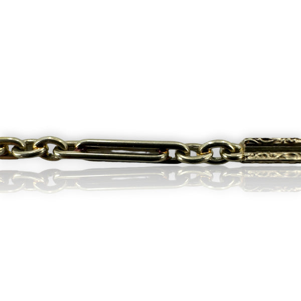 1920s Art Deco National Gold Chain Co 14kt White Gold 14" Pocket Watch Engraved Bar Chain Fob