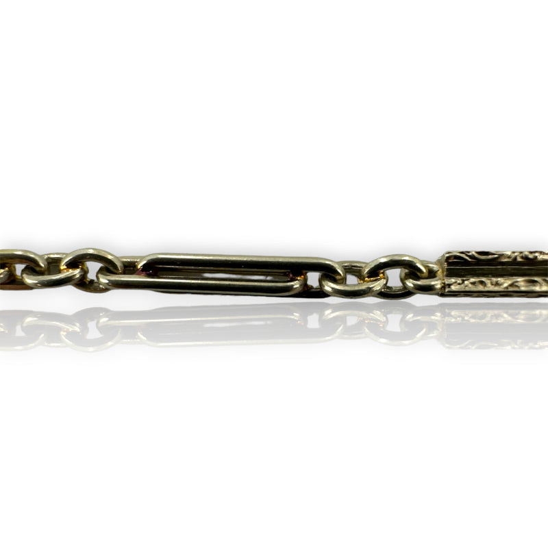 1920s Art Deco National Gold Chain Co 14kt White Gold 14" Pocket Watch Engraved Bar Chain Fob