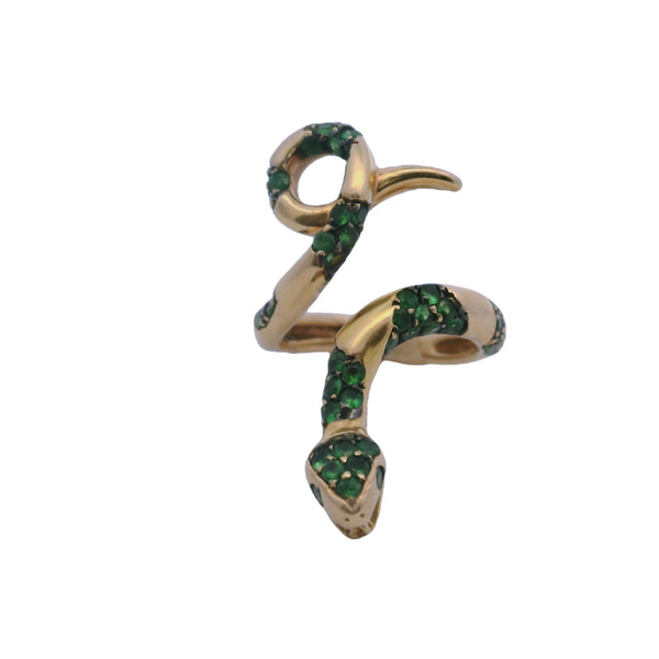 Solid 14kt Yellow Gold and Vivid Green Tsavorite Winding Fanged Snake Ring Size 5