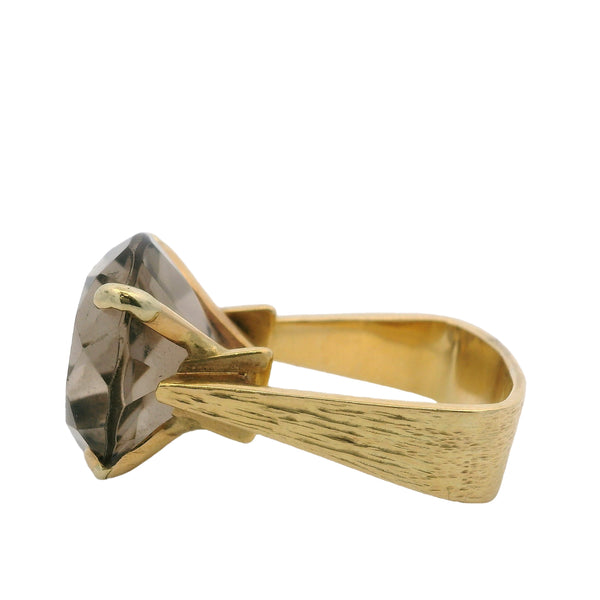 Brutalist 14kt Yellow Gold Textured Square Ring With Large Smokey Quartz Solitaire Size 6.5