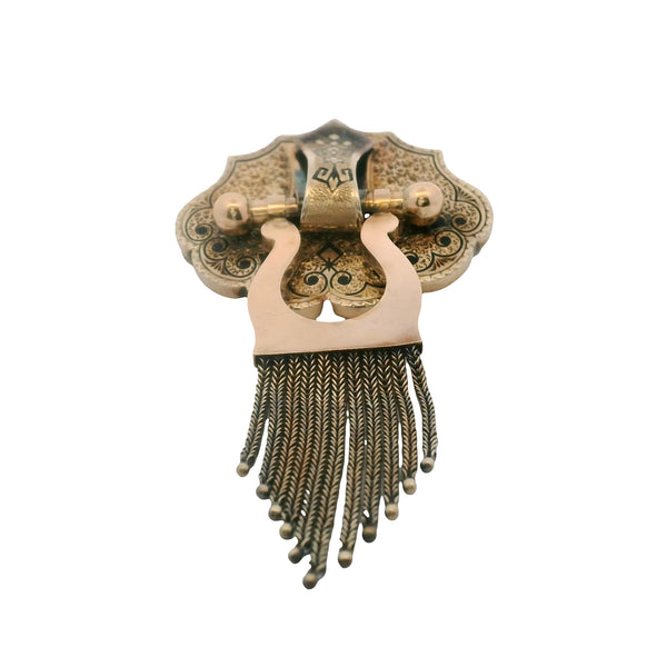 1860-1890s Victorian 10kt Yellow Gold Taille d’Epargné Black Enamel Doorknocker Tassel Brooch with Original C Clasp