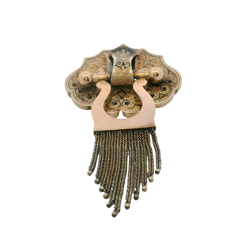 1860-1890s Victorian 10kt Yellow Gold Taille d’Epargné Black Enamel Doorknocker Tassel Brooch with Original C Clasp