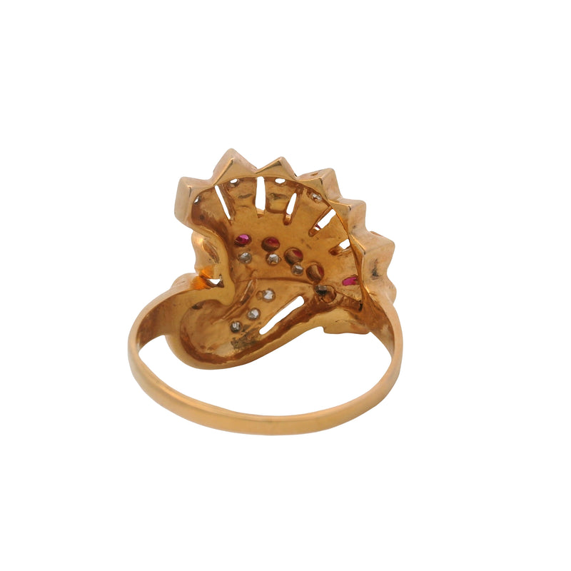 Vintage 1930s Retro 14kt Yellow Gold Diamond and Lab Ruby Cornucopia Cocktail Ring Size 10