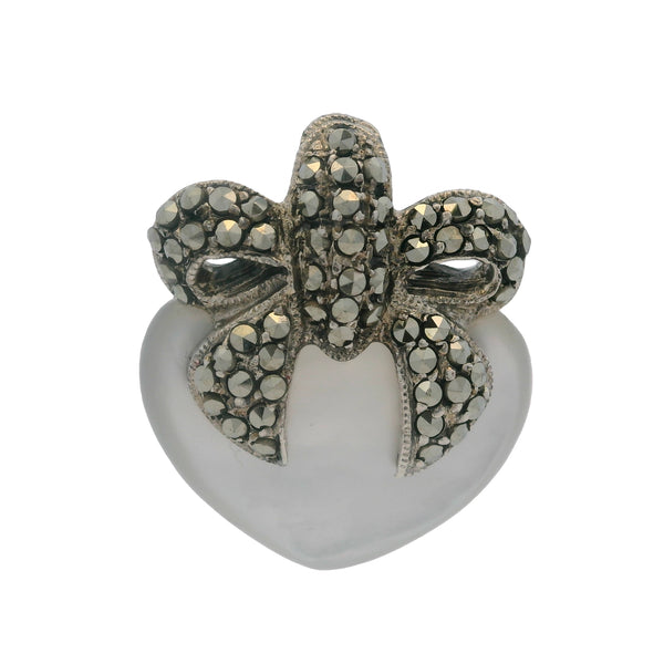 Vintage 925 Sterling Silver Heart and Bow Pendant with Mother of Pearl and Marcasites