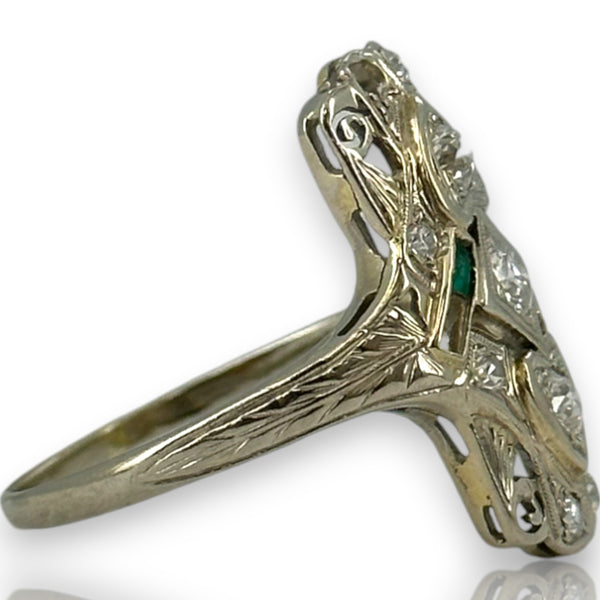 1920s Art Deco Era Solid 18kt 23.5mm Long Antique Cut Diamond Dinner Ring with 2 Heart Settings and Emerald Accents Size 10