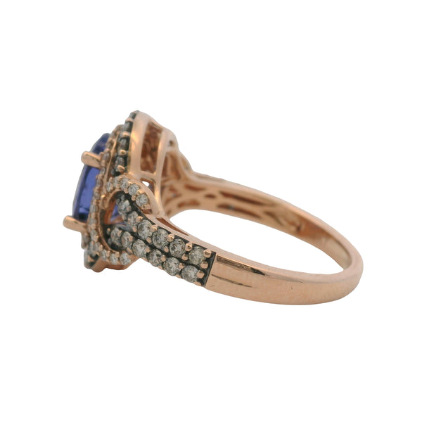 Le Vian 14kt Rose Gold Tanzanite Solitaire Ring with Accent Diamond Halo and Sides Size 7