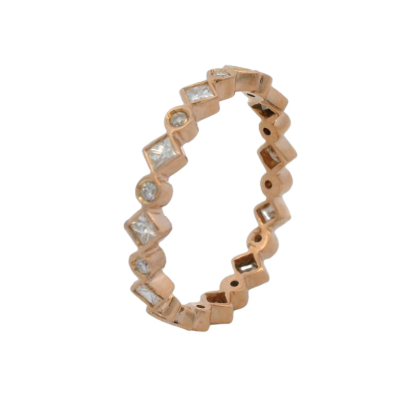 Solid 18kt Rose Gold Round and Princess Cut Alternating Diamond Band