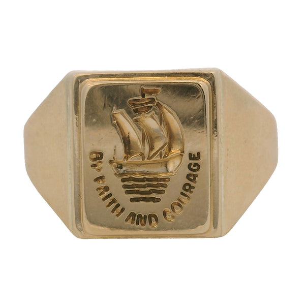 Vintage 1954 Solid 10kt Yellow Gold Ship Sailing "By Faith And Courage" Signet Ring Size 6