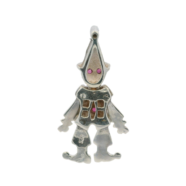 Vintage Solid 925 Sterling Silver and Lab Ruby Dancing Clown Articulated Pendant