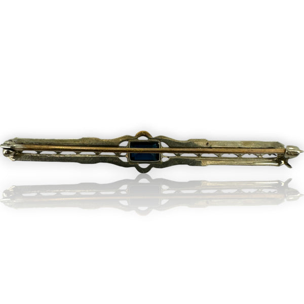 Antique 1910-20s 14kt White and Yellow Gold Bar Pin with Lab Sapphire