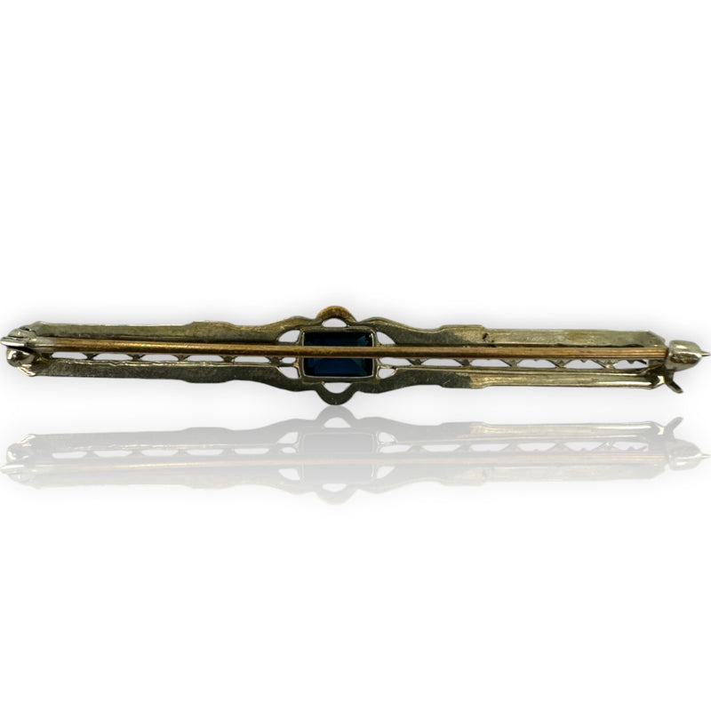 Antique 1910-20s 14kt White and Yellow Gold Bar Pin with Lab Sapphire