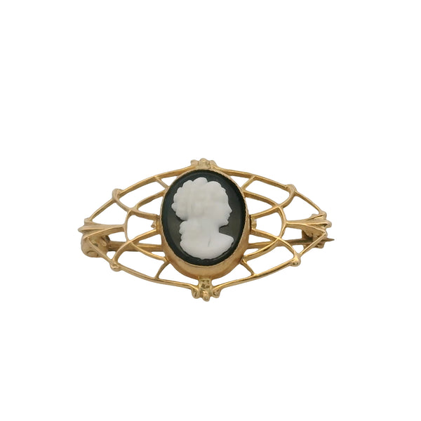 c1950s Budlong Docherty & Armstrong 10kt Yellow Gold Cameo Brooch with Onyx and Plastic Face