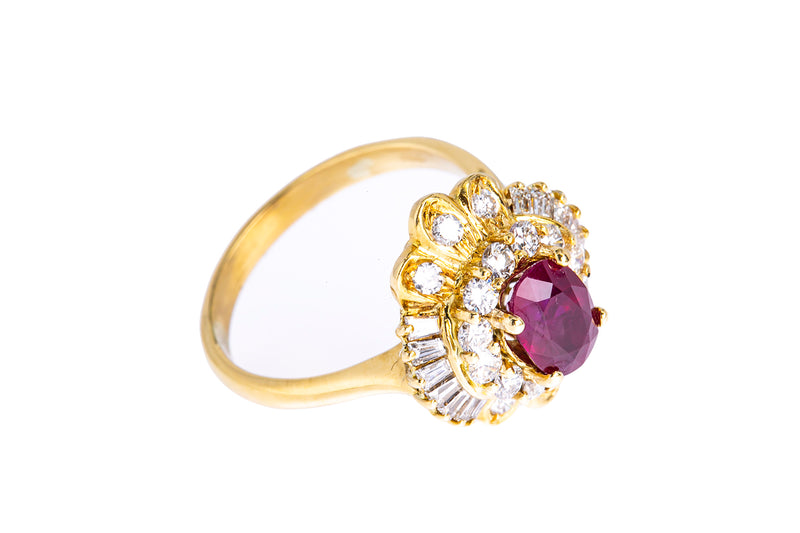 Natural Ruby & Diamond Cocktail Cluster 18K 750 Yellow Gold Ring Size