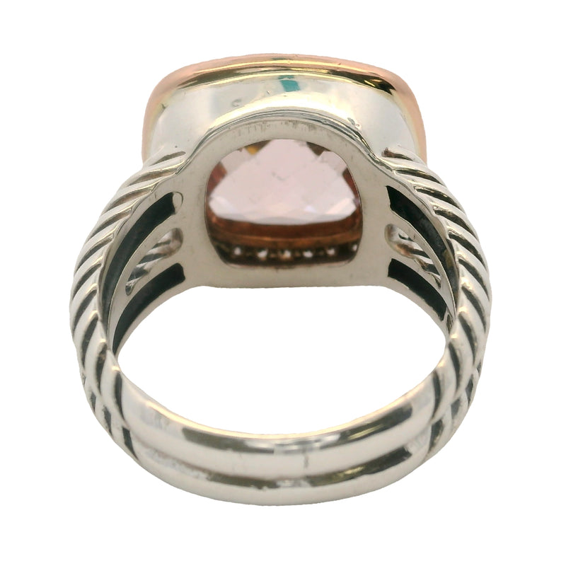 David Yurman 925 Silver/18kt Rose Gold Morganite and Diamond Halo Albion Cable Ring Size 7