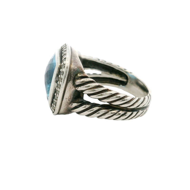 David Yurman 925 Sterling Silver Blue Topaz and Diamond Halo 16mm Wide Albion Ring Size 7.5