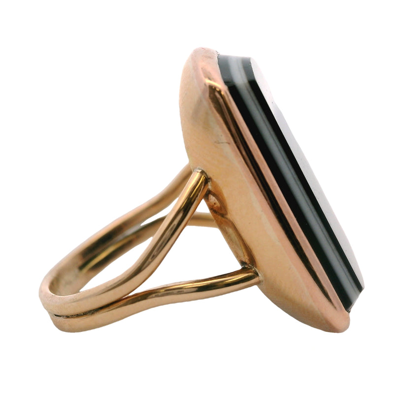 Antique Late Victorian Flat-Top Onyx Banded Black and White Cocktail Ring Size 5.5