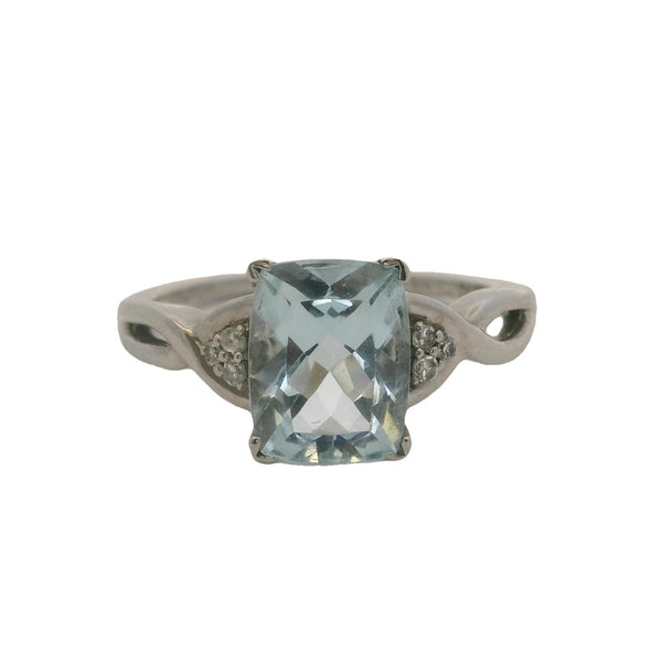 10kt White Gold Rectangle Cushion Cut Aquamarine Solitaire and Accent Diamond Ring Size 7 Made In India