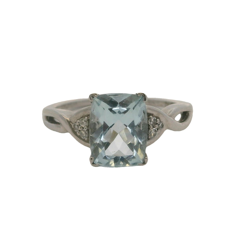 10kt White Gold Rectangle Cushion Cut Aquamarine Solitaire and Accent Diamond Ring Size 7 Made In India