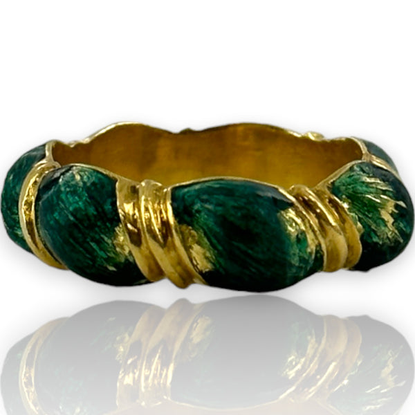 Vintage 1970-80s Victorian Revival Solid 18kt Yellow Gold and Blue-Green Enamel Twist Band Size 6.5 Ring