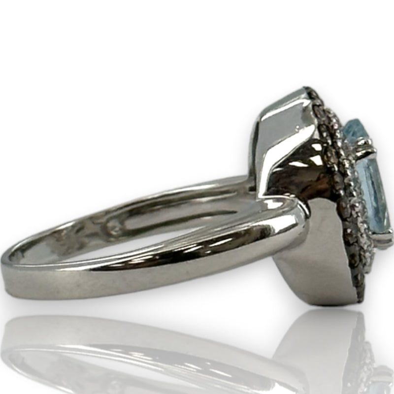 LeVian 14kt Solid White Gold and Sea Blue Aquamarine Ring with Double Halo of Champagne and White Vanilla Diamonds Size 7.5