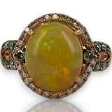 LeVian Solid 14kt Rose Strawberry Gold Ring with Cabochon Fire Opal and Diamond Halo and Accents Size 7