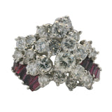 Vintage Mid Century Solid 950 Platinum Large 3.26ctw Natural Diamond and Ruby Cluster Cocktail Ring Size 8