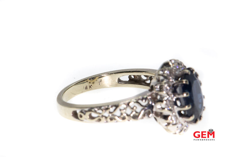 Oval Lab-Grown Sapphire Halo Natural Diamonds Size 9 14kt White Gold Ring
