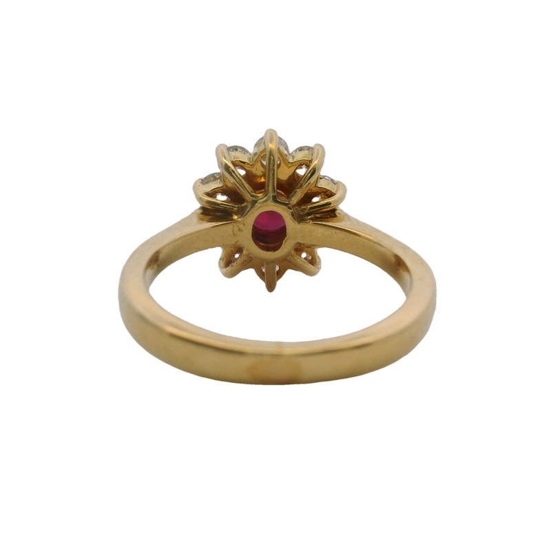 Solid 18kt Yellow Gold Natural Red Ruby Solitaire Ring with White Diamond Halo Size 5