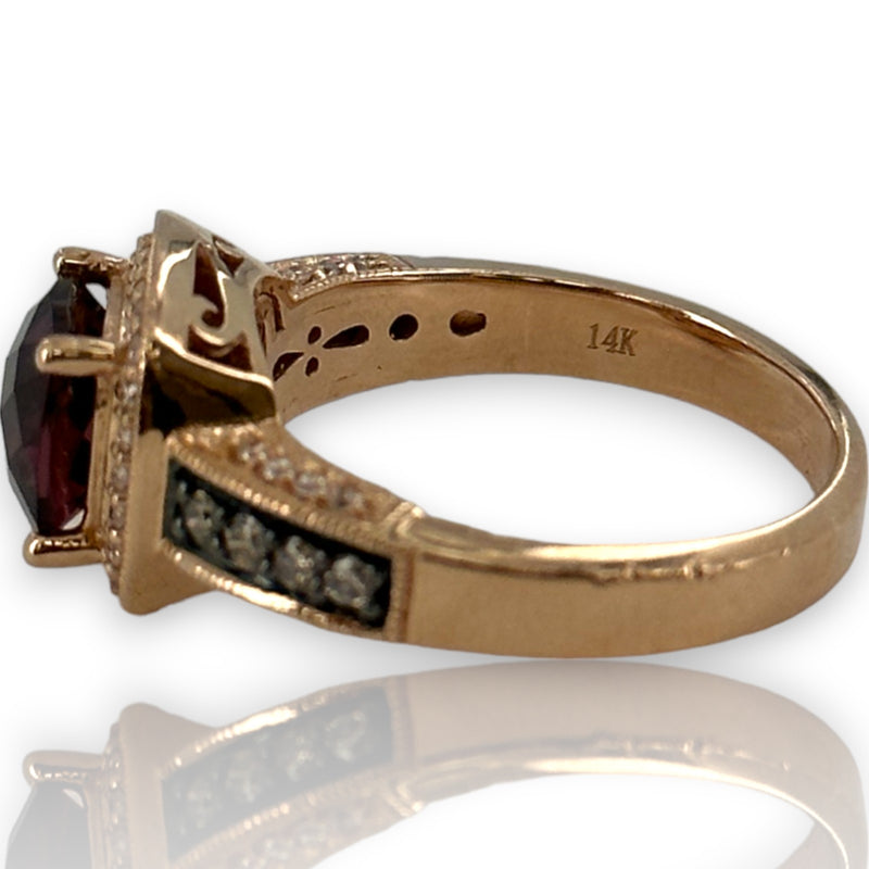 LeVian Solid 14kt Solid Rose Strawberry Gold Vivid Raspberry Rhodolite Garnet and Chocolate Diamonds with White Vanilla Diamond Halo Size 7 Ring