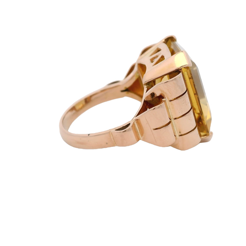 Vintage 1930s-50s Retro Era 18kt Rose Gold Emerald Cut Citrine Cocktail Statement Ring Size 7.75