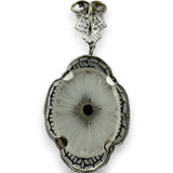 Antique 1920s Art Deco 14kt White Gold Rhodium Plated Filigree Carved Rock Crystal Dangle Pendant Charm with Small Diamond Center