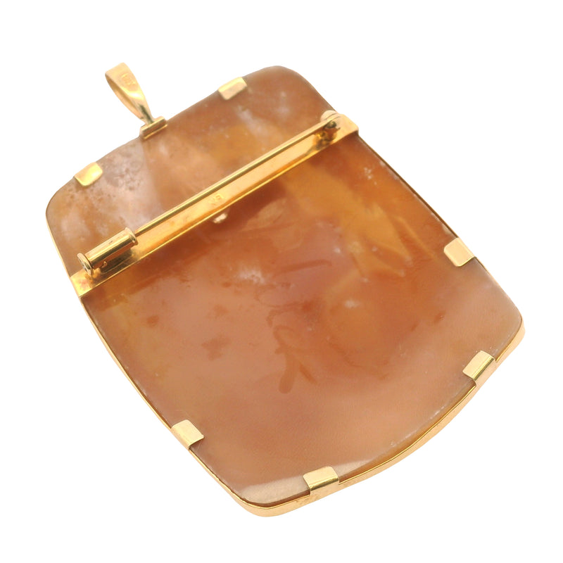 Antique 1930-50s Solid 18kt Yellow Gold Frame Conch Shell 3D Hand Carved Cameo Pin/Pendant Signed By Designer