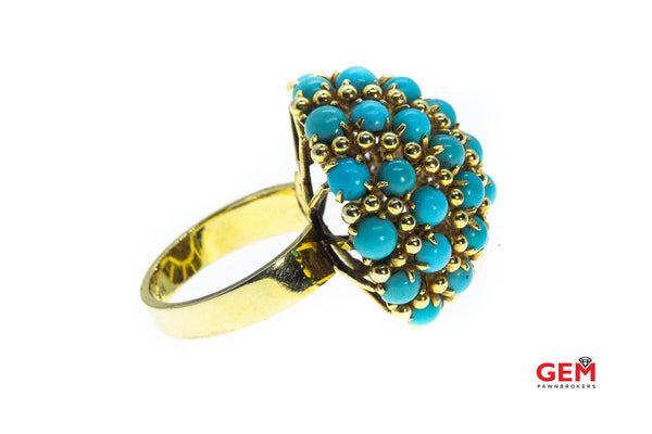 Large Domed Turquoise Beaded Accent Solid 18K 750 Yellow Gold Ring Size 7 3/4