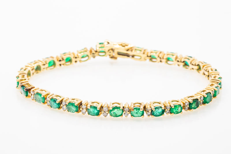 Natural Oval Emerald & Diamond Tennis Bracelet 14k 585 Yellow Gold 6.5"