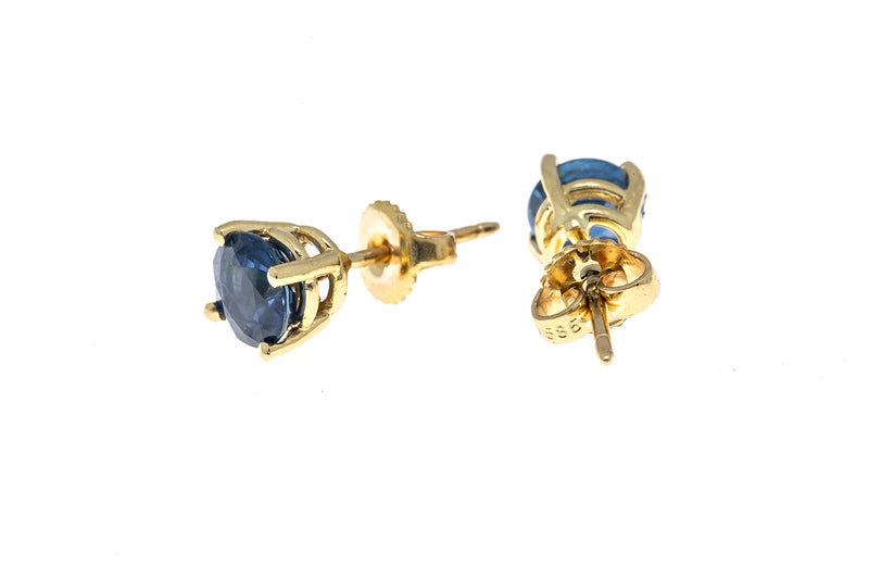 Natural 6.5mm Sapphire Studs 14K 585 Yellow Gold Pair of Gemstone Earrings