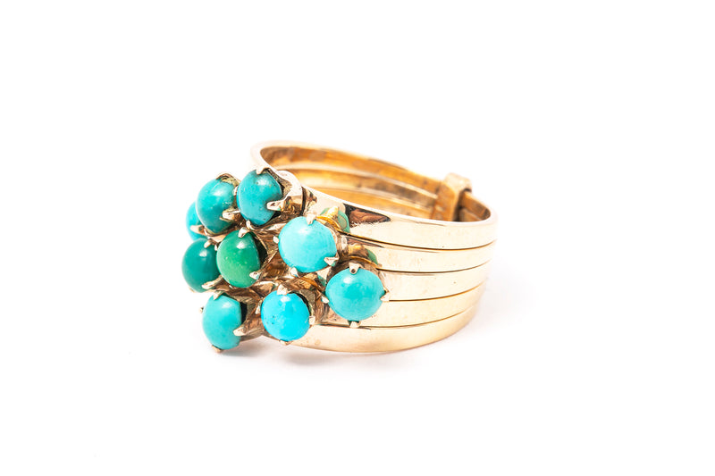 Antique 5 Row Stackable Turquoise Band Ring 14k 585 Yellow Gold