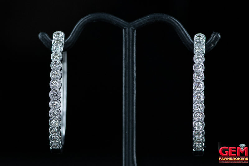 Milgrain Accent Half Diamond Oval Hoops 14K 585 White Gold Screw Back Lock Earrings