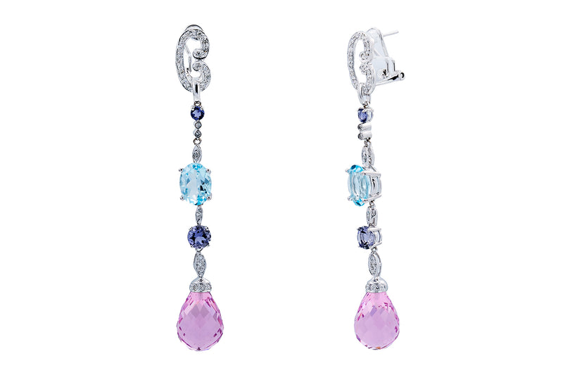 Natural Pink Aqua Tanzanite Diamond Drop 14K 585 White Gold Pair of Earrings