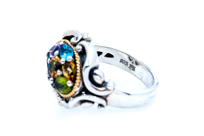 Effy Tutti Frutti Gemstone 925 Sterling Silver & 18K 750 Yellow Gold Ring Size 7