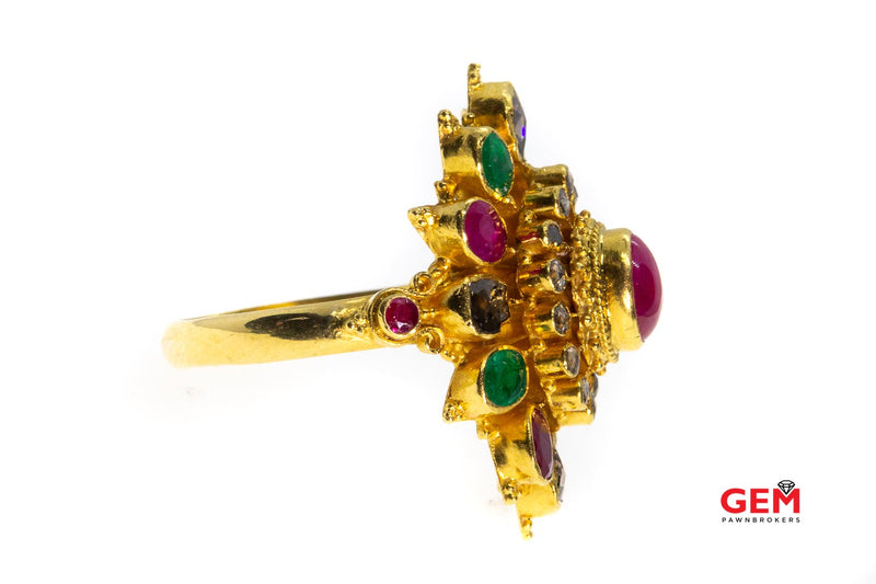 Natural Ruby Emerald & Steel Grey Diamond Cluster Halo Burst 23K 950 Yellow Gold Finger Ring Size 8.25