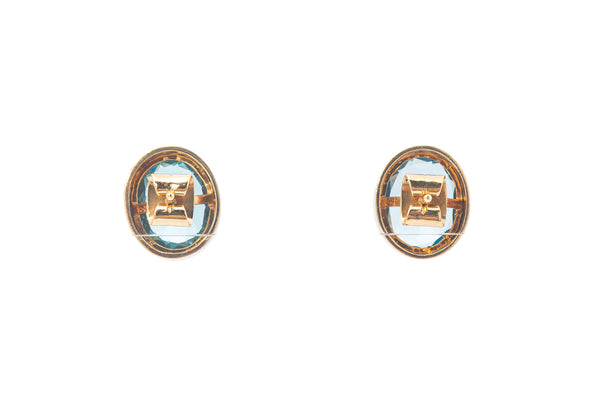 Oval Aquamarine Gemstone 18k 750 Yellow Gold Stud Bezel Earrings