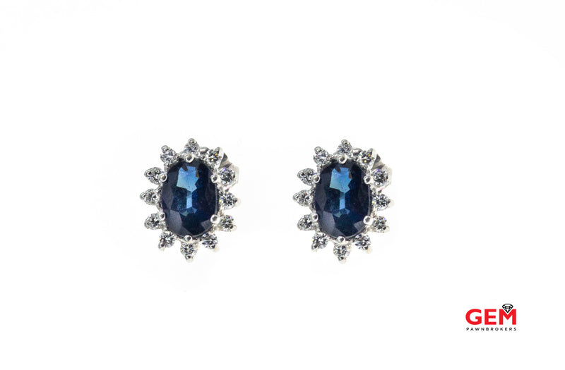Oval Natural Sapphire Diamond Halo 14k 585 White Gold Earrings
