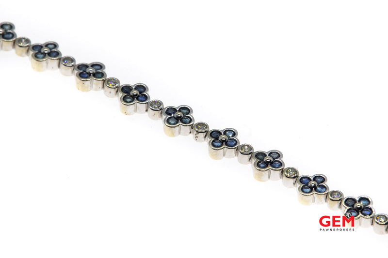 Flower Clover 14k 585 White Gold Diamond Sapphire Station Bracelet 7.5"