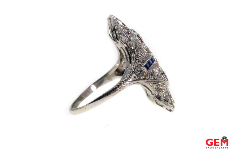 Art Deco Filigree French Sapphire Diamond Cocktail Ring White Gold 18k Size 8